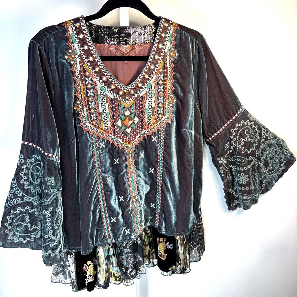 John Mark M Iridescent Green Velvet Elaborate Embroidery Bell Sleeve Johnnie Was
